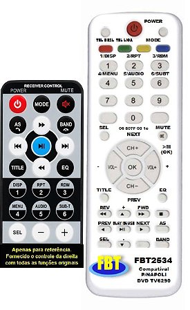 Controle Remoto Compatível p/ Napoli DVD Tv6290 Tv Automotiva FBT2534