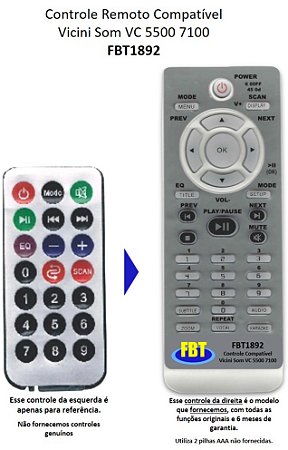Controle Remoto Compatível p/ Vicini VC5600 7100 FBT1892