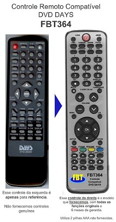Controle Remoto Compatível DVD DAYS FBT364
