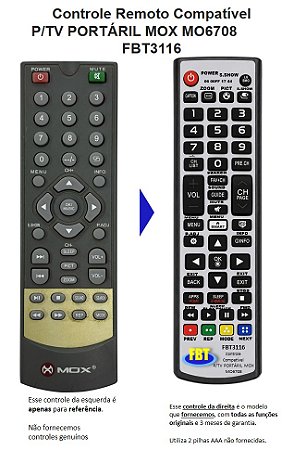 Controle Remoto Compatível Mox Tv Portátil Mo6708 FBT3116