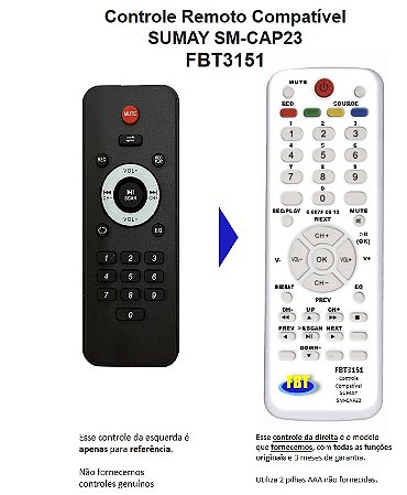 Controle Remoto Compatível Sumay Sm-Cap23 FBT3151