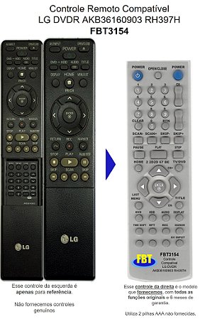 Controle Remoto Compatível LG DVDR AKB36160903 RH397H FBT3154