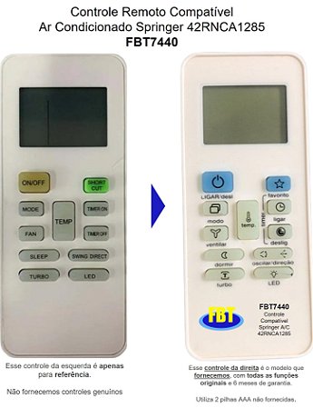 Controle Remoto Compatível Ar/C Springer 42RNCA1285 FBT7440