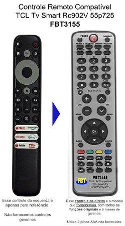 Controle Remoto Compatível TCL Tv Smart Rc902V 55p725 FBT3155