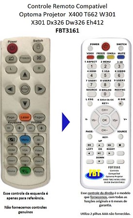Controle Remoto Compatível Optoma Projetor X400 T662 W301 X301 Dx326 Dw326 Eh412 FBT3161