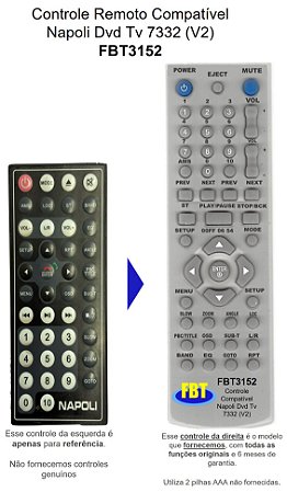 Controle Remoto Compatível Napoli Dvd Tv 7332 (V2) FBT3152