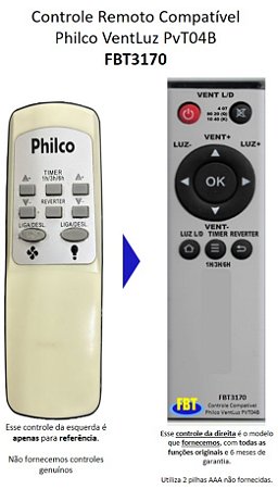 Controle Remoto Compatível Philco Ventluz PvT04B FBT3170