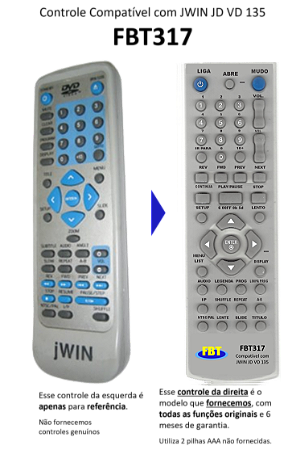 Controle Remoto Compatível Para Jwin Jd Vd Dvd 135 Fbt317