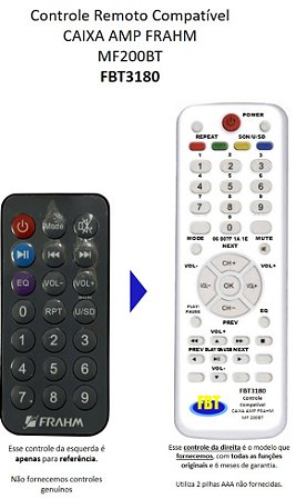 Controle Remoto Compatível Frahm Caixa Amp MF200BT(V2) FBT3180
