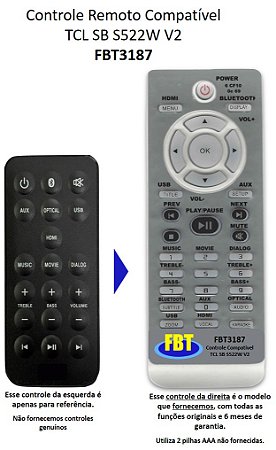 Controle Remoto Compatível TCL Soundbar S522W V2 FBT3187