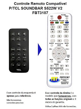 Controle Remoto Compatível TCL Soundbar S522W V2 FBT3187