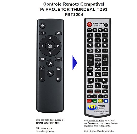 Controle Remoto Compatível Thundeal Projetor TD93 FBT3204