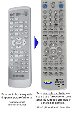 Controle Remoto Compatível com SEMP DVD 3140SD RX 33D FBT717