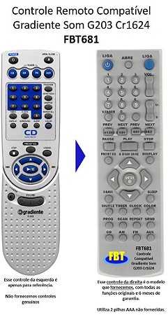 Controle Remoto Compatível com GRAD SOM G230 CR1624 FBT681