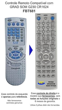 Controle Remoto Compatível com GRAD SOM G230 CR1624 FBT681