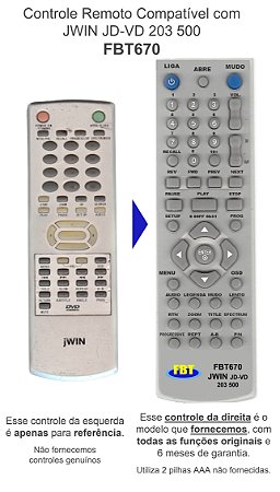 Controle Remoto Compatível com JWIN JD-VD 203 500 FBT670