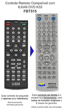 Controle Remoto Compatível com ILKAN DVD K33 FBT515
