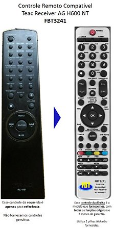 Controle Remoto Compatível Teac Receiver AG H600 NT FBT3241