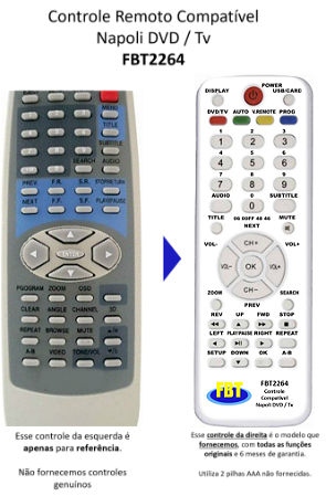 Controle Remoto Compatível Napoli DVD / Tv FBT2264