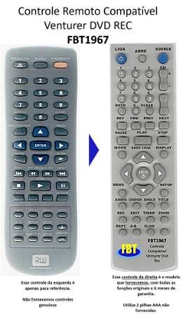Controle Remoto Compatível Venturer DVD REC FBT1967