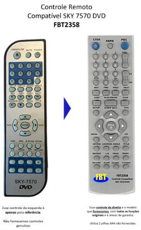 Controle Remoto Compatível SKY 7570 DVD FBT2358