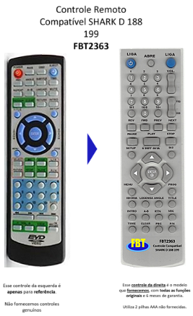 Controle Remoto Compatível SHARK D 188 199 FBT2363