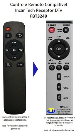 Controle Remoto Compatível Incar Tech Receptor DTv FBT3249