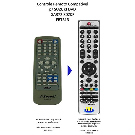 Controle Remoto Compatível p/ SUZUKI DVD GA872 8020P FBT313