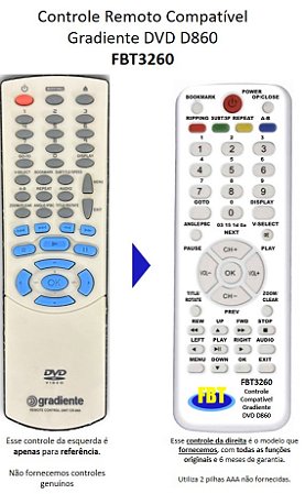 Controle Remoto Compatível Gradiente DVD D860 FBT3260