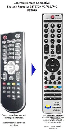 Controle Remoto Compatível Ekotech Receptor ZBT670N V2/F36/F40 FBT679