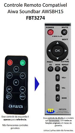 Controle Remoto Compatível Aiwa Soundbar AWSBH15 FBT3274