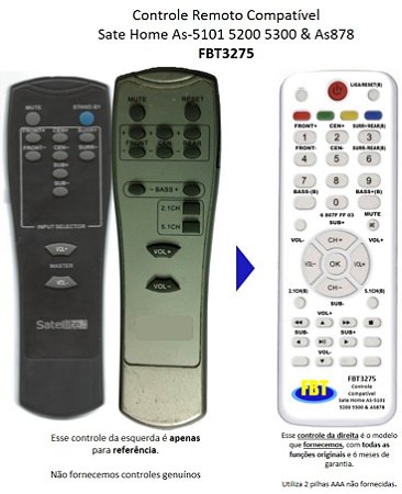 Controle Remoto Compatível Sate Home As-5101 5200 5300 & As878 FBT3275