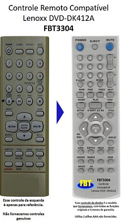Controle Remoto Compatível Lenoxx DVD-DK412A FBT3304