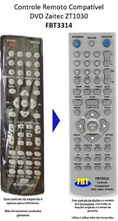 Controle Remoto Compatível DVD Zaitec ZT1030 FBT3314