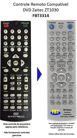 Controle Remoto Compatível DVD Zaitec ZT1030 FBT3314