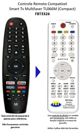 Controle Remoto Compatível Smart Tv Multilaser TL066M (Compact) FBT3326