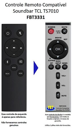 Controle Remoto Compatível Soundbar TCL TS7010 FBT3331