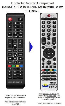 Controle Remoto Compatível P/SMART TV INTERBRAS IN3200TV V2 FBT3375