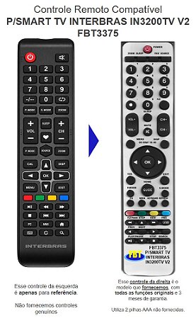 Controle Remoto Compatível P/SMART TV INTERBRAS IN3200TV V2 FBT3375