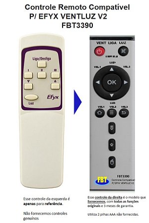 Controle Remoto Compatível P/ EFYX VENTLUZ V2 FBT3390