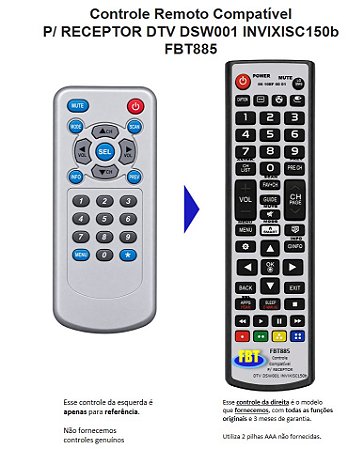 Controle Remoto Compatível P/ RECEPTOR DTV DSW001 INVIXISC150b FBT885