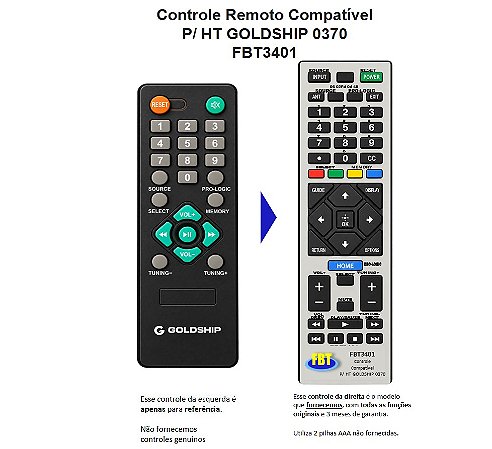 Controle Compatível Com Home Theater HT GOLDSHIP 0370 FBT3401