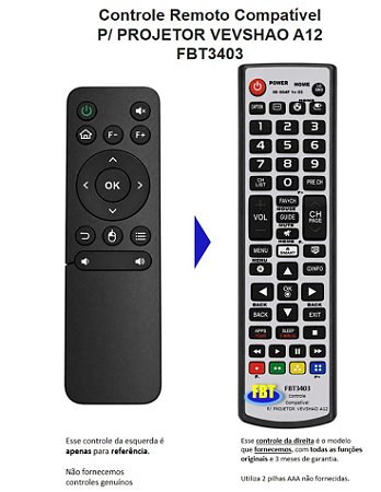 Controle Remoto Compatível P/ PROJETOR VEVSHAO A12 FBT3403