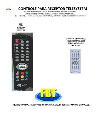 Controle Remoto Compatível - para CONVERSOR DE TV Digital TELESYSTEM TS F11 FTA