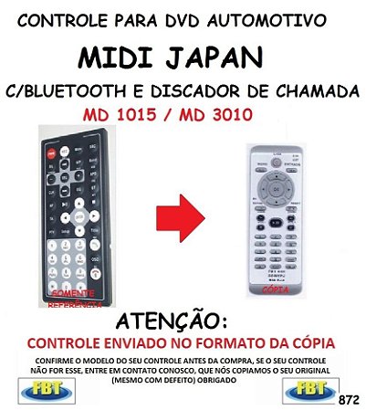 Controle Remoto Compatível - para DVD Automotivo MIDI JAPAN MD 1015 / MD 3010