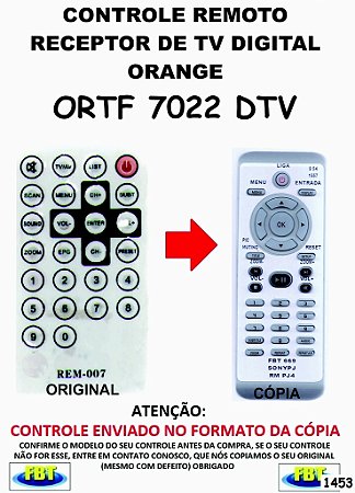 Controle Remoto Compatível para RECEPTOR DE TV Digital ORANGE ORTF 7022 DTV