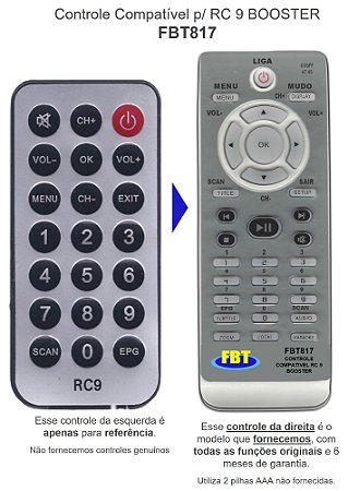 Controle Remoto Compatível Com TV AUTOMOTIVA RC9 FBT817
