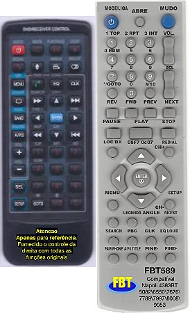 Controle Remoto Compatível - para DVD Automotivo NAPOLI 7789 / 9953 / 5082 / 4383 BT - FBT589