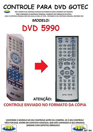 Controle Remoto Compatível - para DVD GOTEC DVD 5990 FBT361