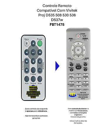 Controle Remoto Compatível - Projetor Digital DATASHOW VIVITEK D535 D508 D510 D530 D536 D537W D538 D509 D511 D518 FBT1478